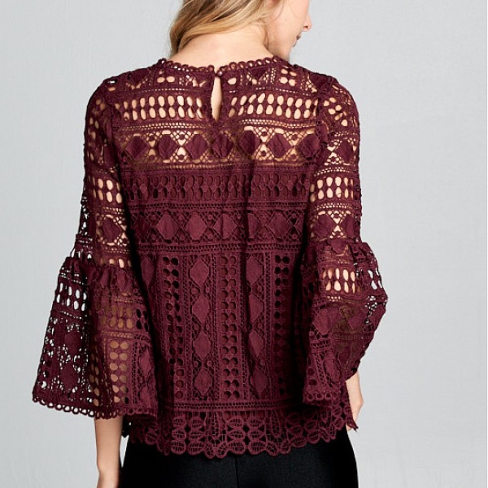 Last 1! NWT Burgundy Lace Top with Bell Sleeves - Picture 4 of 5